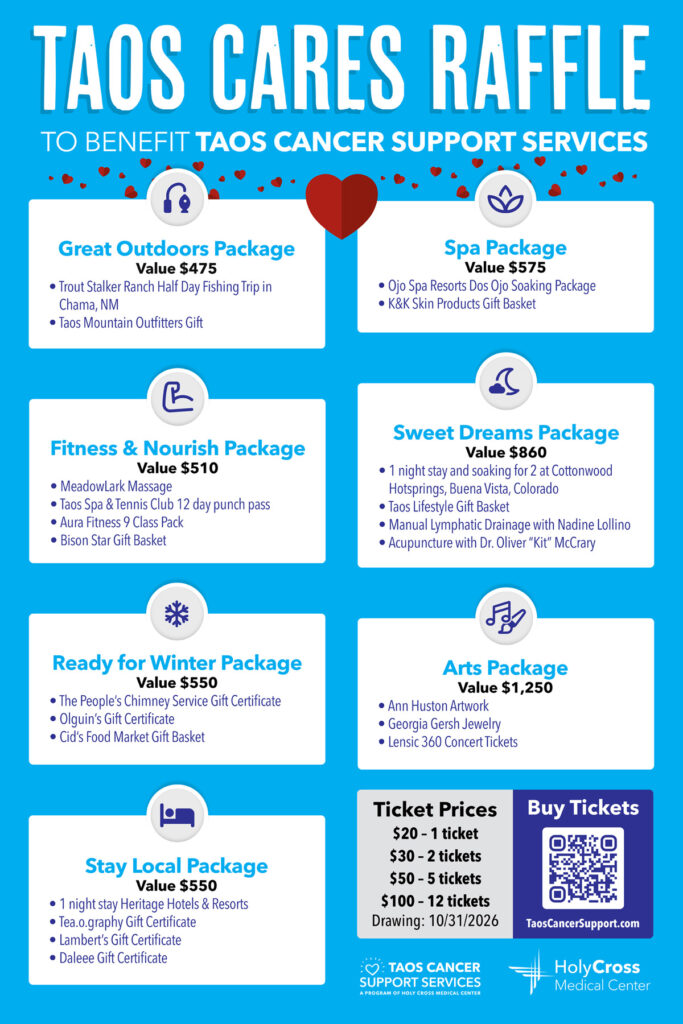 Raffle flyer showcasing packages to benefit Taos Cancer Support Services, including wellness and local experiences.