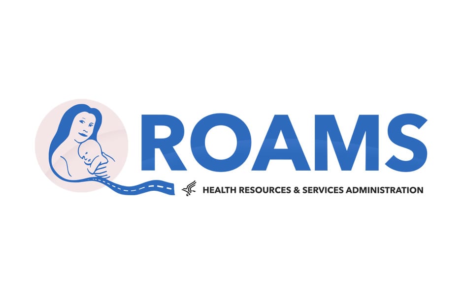 ROAMS logo featuring a mother holding a baby, promoting maternal health services in Northeastern New Mexico.