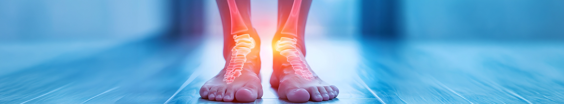 Illustration of human feet with highlighted ankle joints, emphasizing orthopedic issues related to foot and ankle surgery.