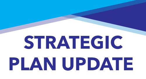 Bold text reads "STRATEGIC PLAN UPDATE" against a colorful geometric background, indicating a focus on organizational progress.