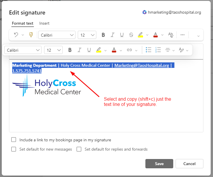 Email signature editing interface showing text selection instructions for Holy Cross Medical Center's contact details.