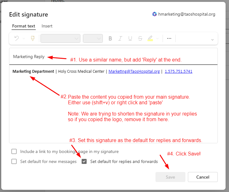 Instructions for editing an email signature, including formatting and default settings for replies.