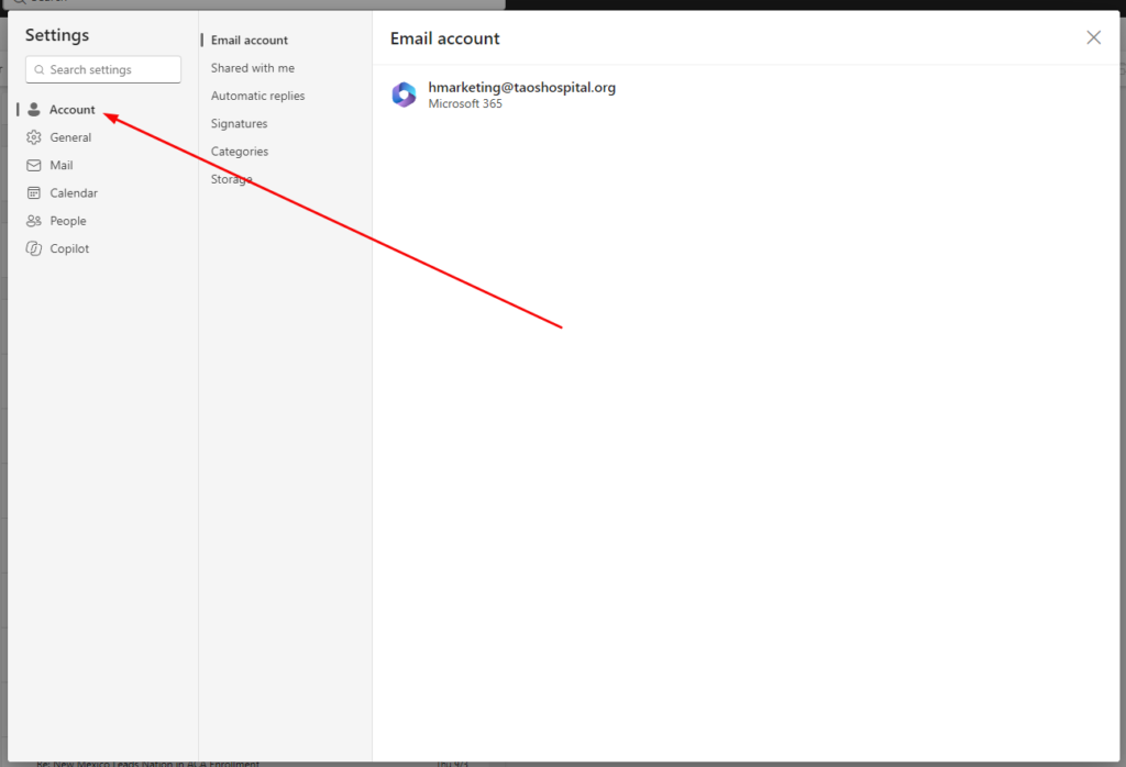 Settings menu in Microsoft 365 showing the 'Account' section for managing email signatures and other email settings.
