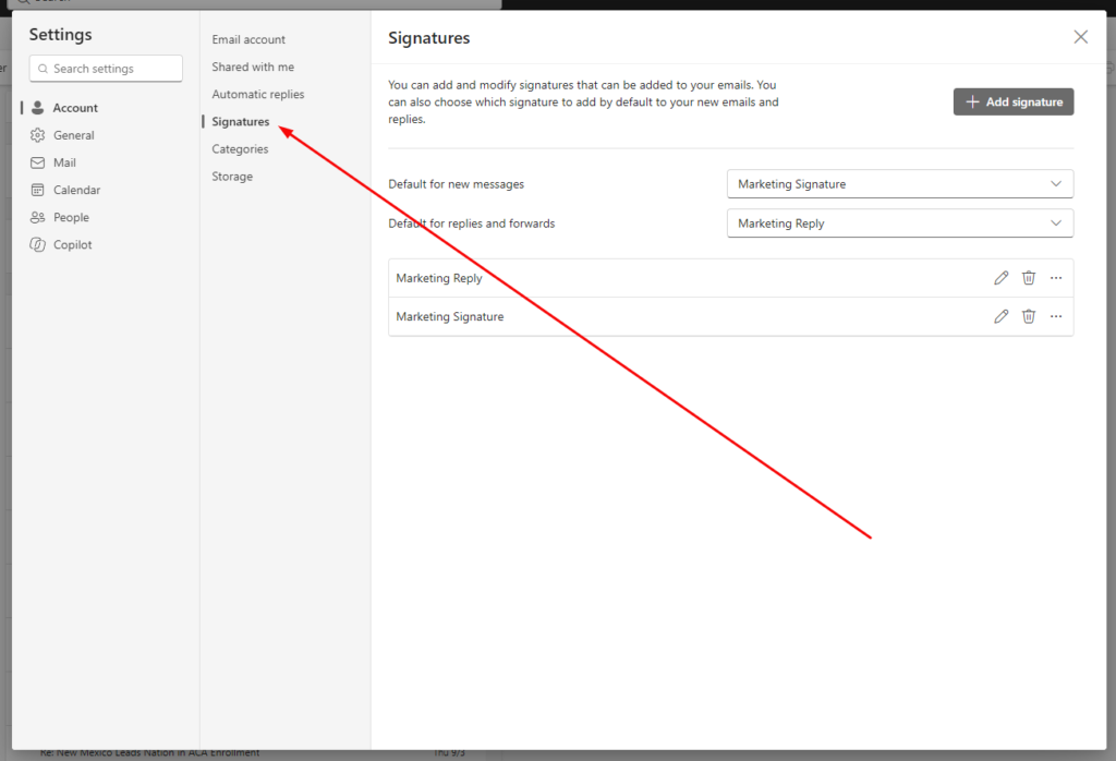 Settings menu displaying email signature options, including default signatures for new messages and replies.