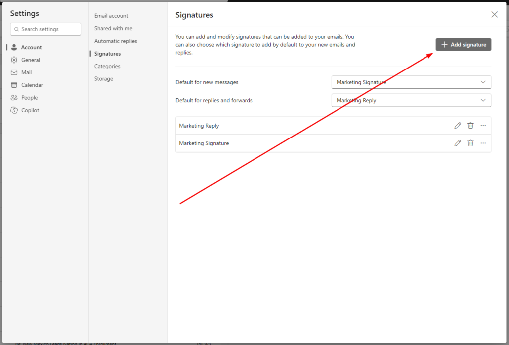 Settings page for email signatures, highlighting the option to add a new signature.