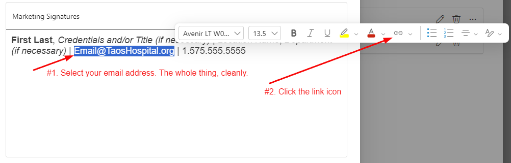 Instructions for creating email signatures, highlighting selecting the email address and clicking the link icon.