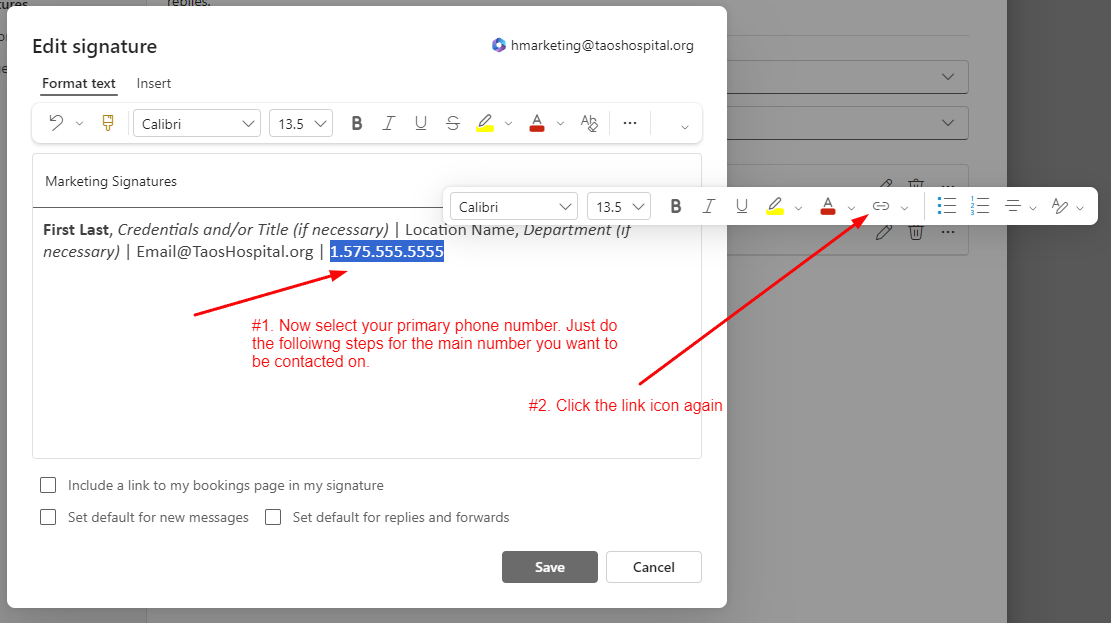Editing an email signature with instructions for selecting a primary phone number and using the link icon.