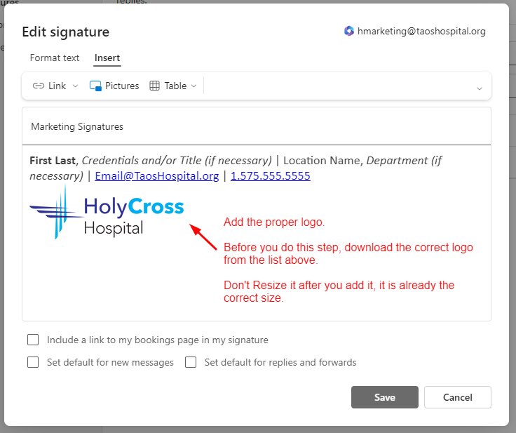 Edit signature interface for creating email signatures, highlighting logo addition and formatting instructions.