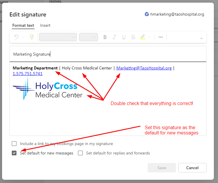 Editing an email signature for Holy Cross Medical Center, highlighting contact details and default settings.