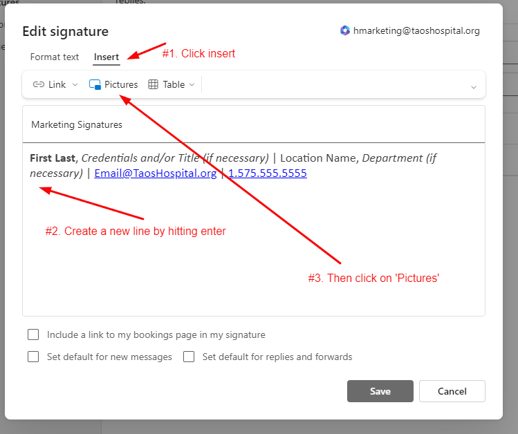 Instructions for editing an email signature, highlighting steps for inserting text and images.